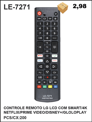 CONTROLE REMOTO LG LCD COM SMART/4K NETFLIX/PRIME VIDEO/DISNEY+/GLOLOPLAY 200PÇ=2,98$
