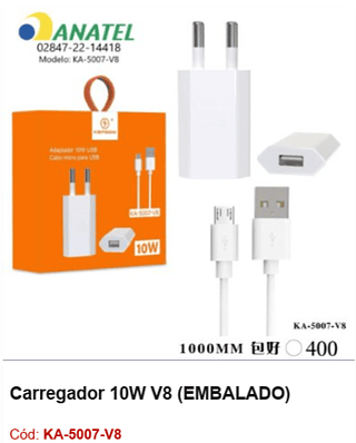 Carregador 10W V8 R$ 6,3 PCS/Cx:400