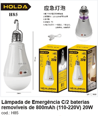 Lâmpada de Emergência C/2 baterias removíveis de 800mAh (110-220V) 20W R$ 18 PC/CX:100
