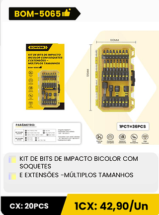 KIT DE BITS DE IMPACTO BICOLOR COM SOQUETES E EXTENSÕES -MÚLTIPLOS TAMANHOS CX: 20PCS 1CX: 42,90/Un