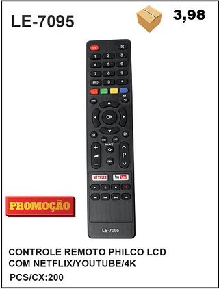 CONTROLE REMOTO PHILCO LCD COM NETFLIX/YOUTUBE/4K 200pç=3,98$