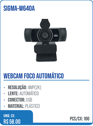 WEBCAM FOCO AUTOMÁTICO UNID. CX: R$ 58.00 PCS/CX: 100