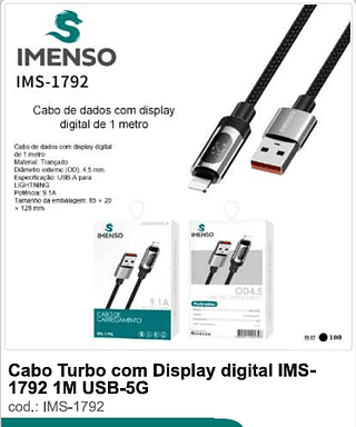 Cabo Turbo com Display digital 1M USB-5G 100PC/CX R$9,9