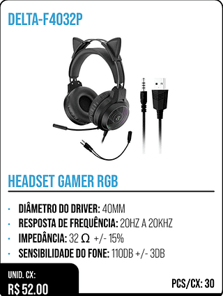 HEADSET GAMER RGB UNID. CX: R$ 52.00 PCS/CX: 30