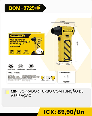 MINI SOPRADOR TURBO COM FUNÇÃO DE ASPIRAÇÃO CX: 48PCS 1CX: 89,90/Un