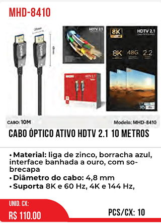 CABO ÓPTICO ATIVO HDTV 2.1 10 metros 10pç=110$