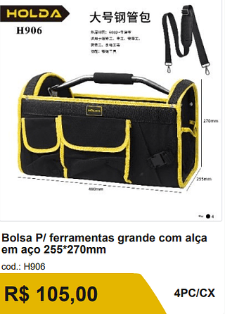 Bolsa P/ ferramentas grande com alça em aço 255*270mm R$ 94.50 4PC/CX