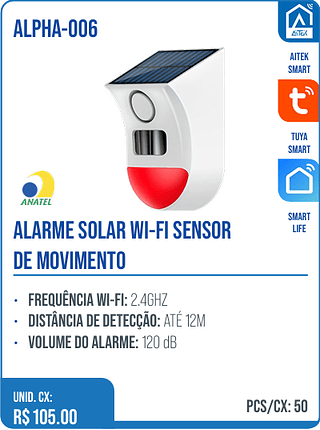 ALARME SOLAR WI-FI SENSOR DE MOVIMENTO UNID. CX: R$ 105.00 PCS/CX: 50