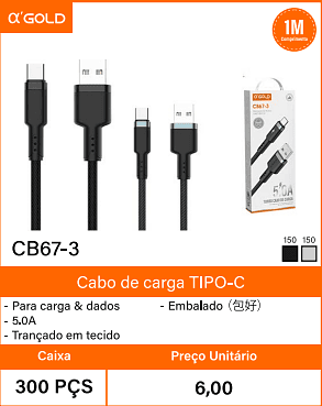 Cabo de carga TIPO-C - Caixa 300 PCS Preco Unitario 6,00
