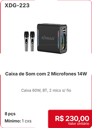 Caixa de Som com 2 Microfones 14W 8 pçs R$ 230,00