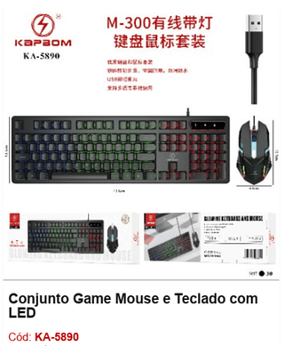 Conjunto Game Mouse e Teclado com LED R$43,2 PCS/Cx:30
