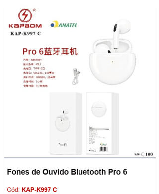 Fones de Ouvido Bluetooth Pro 6 R$11,7 PCS/CX:100