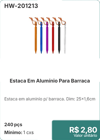 Estaca Em Alumínio Para Barraca 240 pçs R$ 2,80