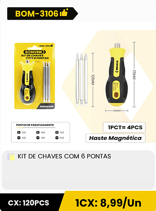 KIT DE CHAVES COM 6 PONTAS CX: 120PCS ICX: 8,99/Un