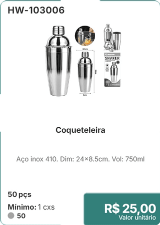 Coqueteleira 50 pçs R$ 25.00