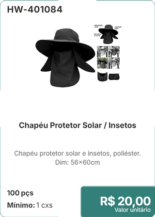 Chapéu Protetor Solar / Insetos 100 pçs R$ 20,00
