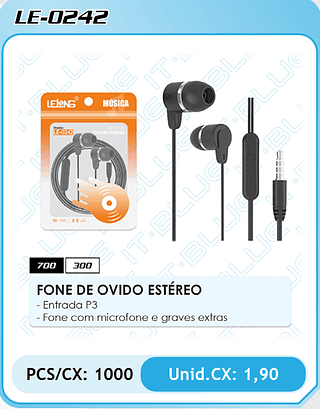 FONE DE OVIDO ESTEREO - Entrada P3 - Fone com microfone e graves extras PCS/CX: 1000 Unid.CX: 1,90