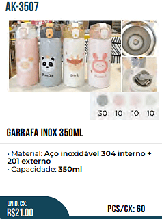 garrafa inox 350ml UNID. CX: R$ 21.00 PCS/CX: 60