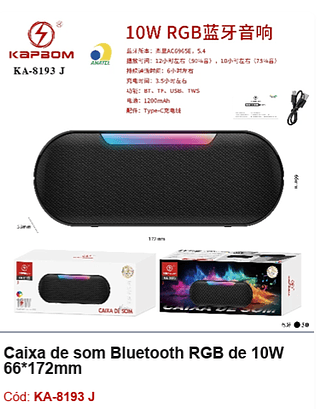 Caixa de som Bluetooth RGB de 10W R$34,2 PCS/cx:50