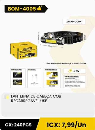 LANTERNA DE CABEÇA COB RECARREGAVEL USB CX: 240PCS ICX: 7,99/Un
