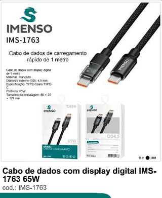 Cabo de dados com display digital 65W 100PC/CX R$10,8