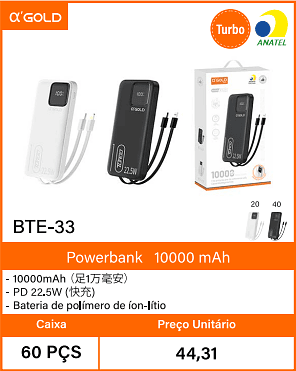 Powerbank10000 mAh Caixa 60 PCS Preco Unitario 44,31