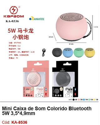 Mini Caixa de Som Colorido Bluetooth 5W 3,5*4,9mm R$11,7 PCS/Cx:100