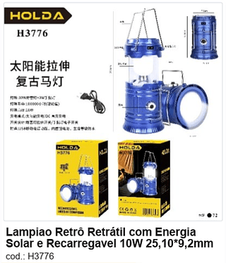 Lampiao Retrô Retrátil com Energia Solar e Recarregavel 10W 25,10*9,2mm R$ 18 PC/CX:72