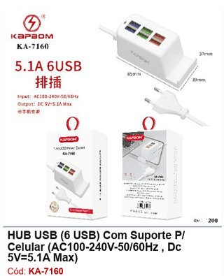 HUB USB (6 USB) Com Suporte P/ Celular (AC100-240V-50/60Hz , Dc 5V=5.1A Max) R$ 7,2 PCS/CX:200