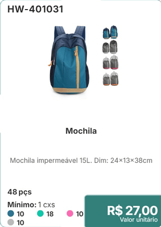 Mochila 48 pçs R$ 27.00