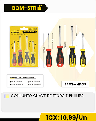 CONJUNTO CHAVE DE FENDA E PHILLIPS CX: 72PCS 1CX: 10,99/Un