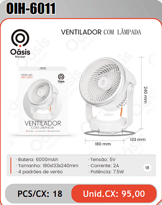 VENTILADOR COM LAMPADA PCS/CX: 18 Unid.CX: 95,00
