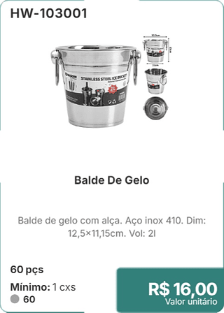 Balde De Gelo 60 pçs R$ 16,00