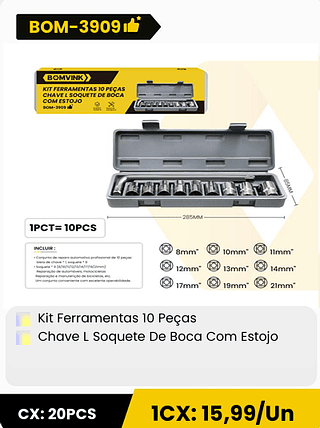 Kit Ferramentas 10 Peças Chave L Soquete De Boca Com Estojo CX: 20PCS 1CX: 15,99/Un