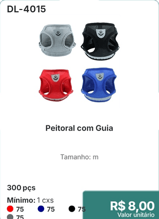 Peitoral com Guia 300 pçs R$ 8,00