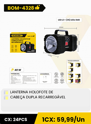 LANTERNA HOLOFOTE DE CABEÇA DUPLA RECARREGÁVEL CX: 24PCS 1CX: 59,99/Un