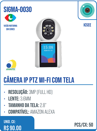 CÂMERA IP PTZ WI-FI COM TELA UNID. CX: R$ 90.00 PCS/CX: 50