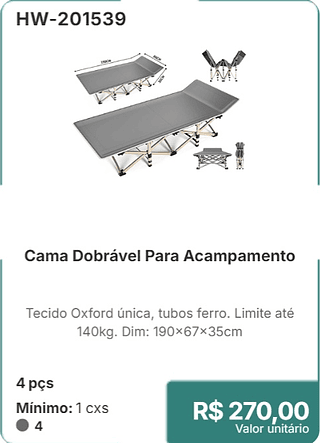 Cama Dobrável Para Acampamento 4 pcs R$ 270,00