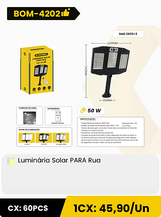 Luminaria Solar PARA Rua CX: 60PCS 1CX: 45,90/Un