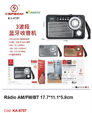 Rádio AM/FM/BT 17.7*11.1*5.8cm R$40,5 PCS/cx:48