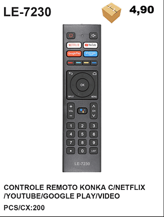 CONTROLE REMOTO KONKA C/NETFLIX /YOUTUBE/GOOGLE PLAY/VIDEO 200PÇ=4,9$