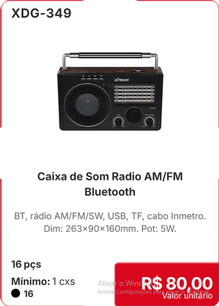 Caixa de Som Radio AM/FM Bluetooth 16 pçs R$ 80,00