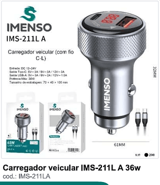 Carregador veicular 36w 200PC/CX R$19,8