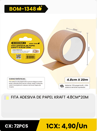 FITA ADESIVA DE PAPEL KRAFT 4.8CM*20M CX: 72PCS 1CX: 4,90/Un