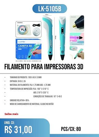 FILAMENTO PARA IMPRESSORAS 3D PCS/CX: 80 r$ 31,00