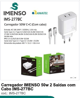Carregador IMENSO 50w 2 Saídas com Cabo 100PC/CX R$28,8