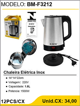 Chaleira Elétrica Inox 12PCS/CX Unid.CX: 34,00