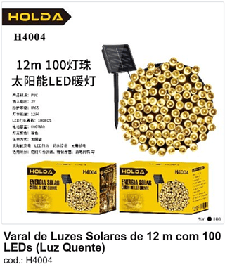 Varal de Luzes Solares de 12 m com 100 LEDs (Luz Quente) R$ 14,4 PC/CX:100