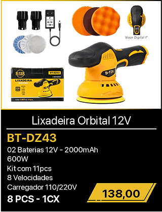 Lixadeira Orbital 12V 8PCS R$138,00