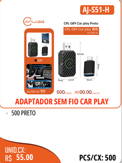 ADAPTADOR SEM FIO CAR PLAY UNID.CX:RS 55.00 PCS/CX:500
